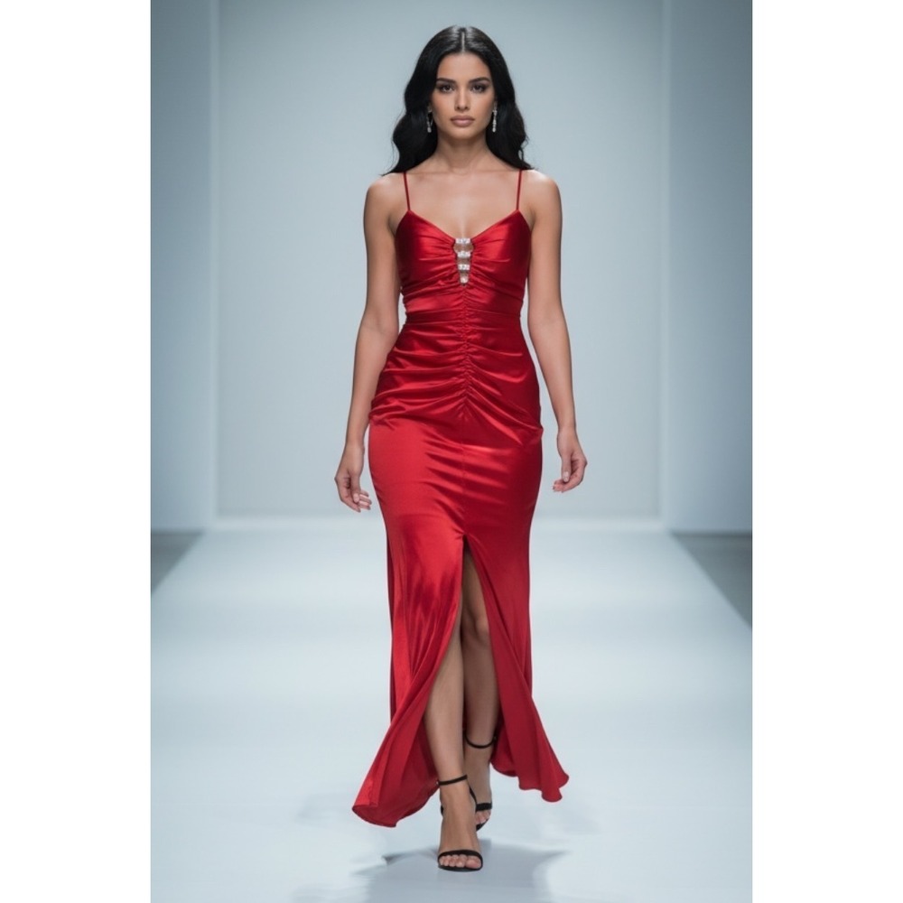 Water‎ Signs Red Vintage Satin Ruched Gown Womens 5/6 Red Rhinestone  Open BacK